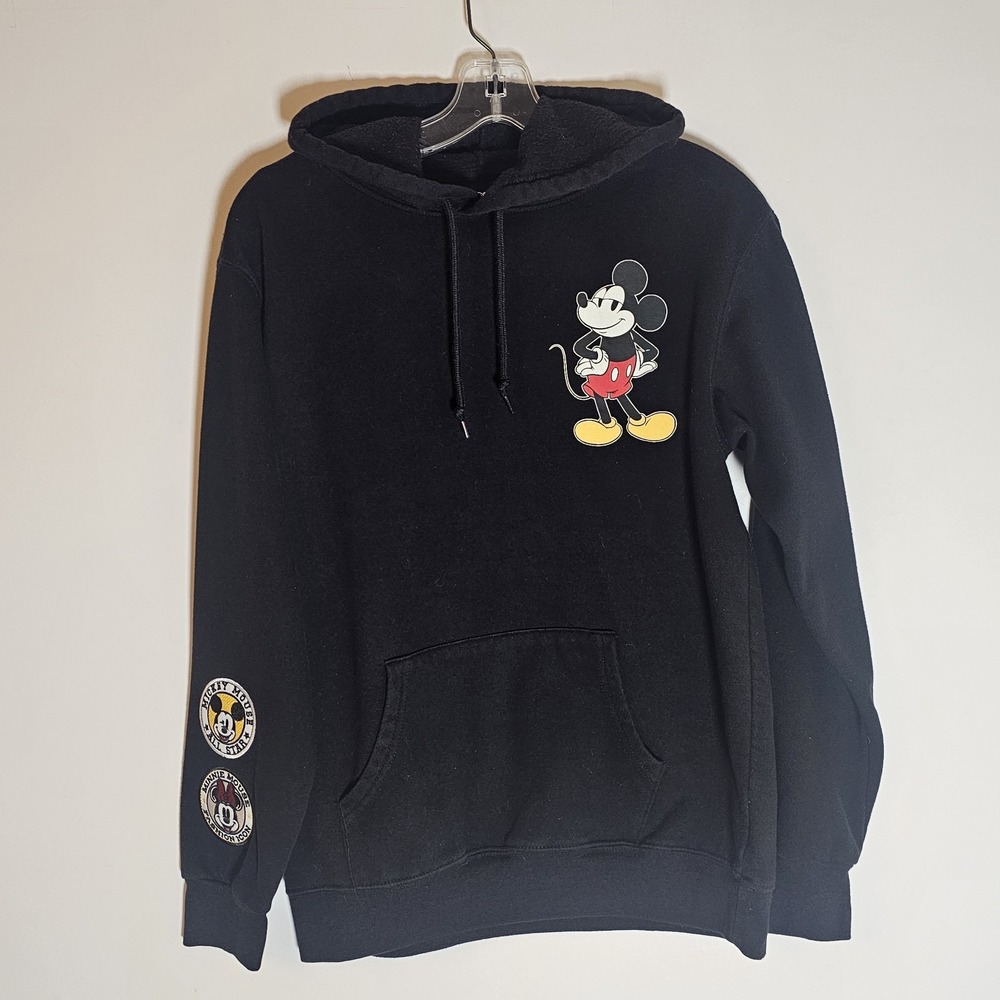 Disney Mickey & Friends Hoodie Womens Small Black Hooded Sweatshirt Patches Fun